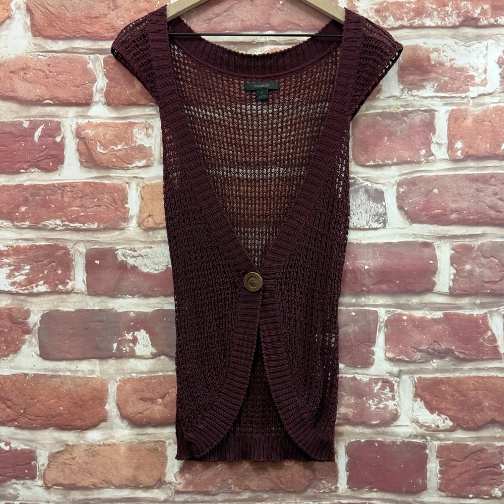 VTG Express Sweater Vest Women's M Burgundy Brown Cardigan Lightweight Hong Kong